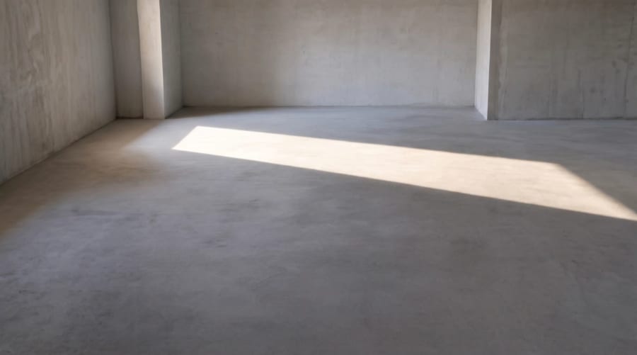 Geglättete Estrichfläche in einem leeren Betonraum, von einem Lichtband aus dem Fenster überquert